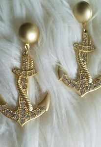 Brushed Gold and Crystal Anchor Nautical Earrings
